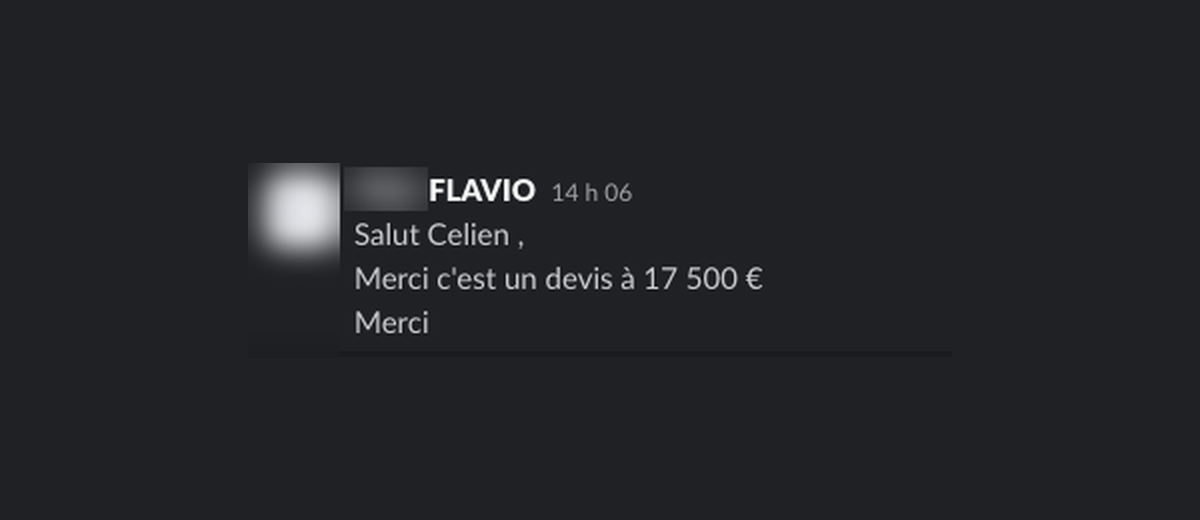 Le message de Flavio, nom de société flouté